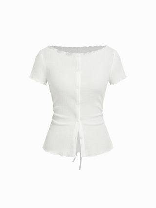 Textured Boat Neck Button Up Lettuce Trim Short Sleeve Top