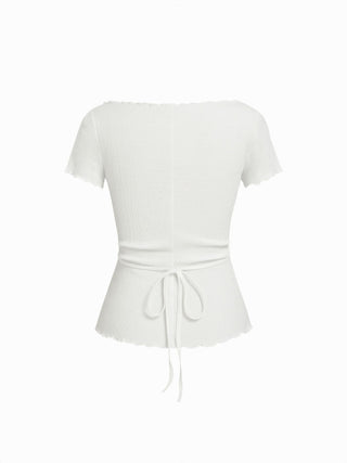 Textured Boat Neck Button Up Lettuce Trim Short Sleeve Top