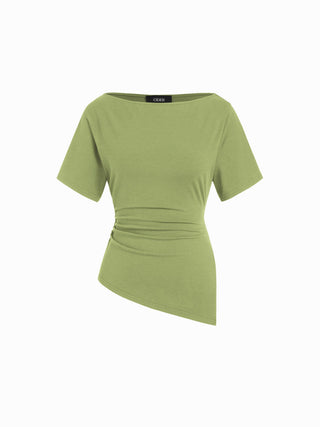 Cotton-blend Boat Neck Ruched Asymmetrical Hem Short Sleeve Tee