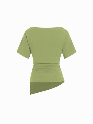 Cotton-blend Boat Neck Ruched Asymmetrical Hem Short Sleeve Tee
