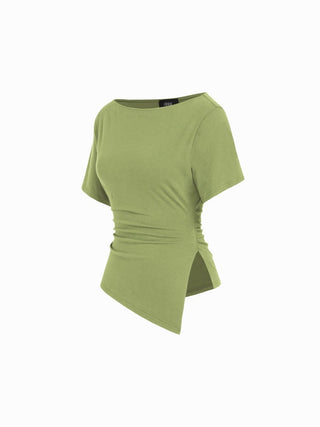 Cotton-blend Boat Neck Ruched Asymmetrical Hem Short Sleeve Tee