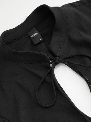 Stand Collar Short Sleeve Tie Front Cut Out Backless Slim Blouse