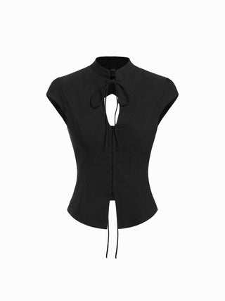 Stand Collar Short Sleeve Tie Front Cut Out Backless Slim Blouse