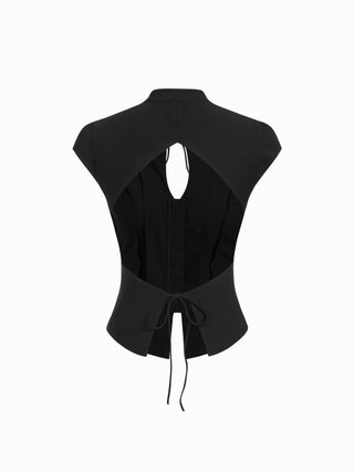 Stand Collar Short Sleeve Tie Front Cut Out Backless Slim Blouse