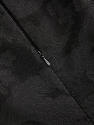 Jacquard Stand Collar Puff Sleeve Bowknot Split A-line Mini Dress