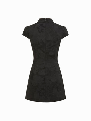 Jacquard Stand Collar Puff Sleeve Bowknot Split A-line Mini Dress
