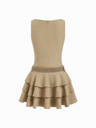 Round Neckline Layered Hem Mini Dress With Studded Belt