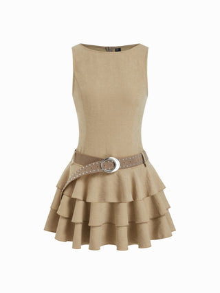 Round Neckline Layered Hem Mini Dress With Studded Belt