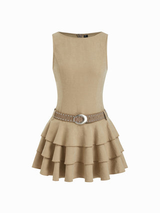 Round Neckline Layered Hem Mini Dress With Studded Belt