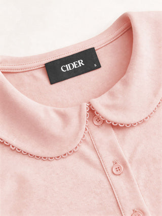 Cotton-blend Collar Lace Trim Button Front Tee