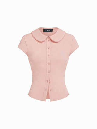Cotton-blend Collar Lace Trim Button Front Tee
