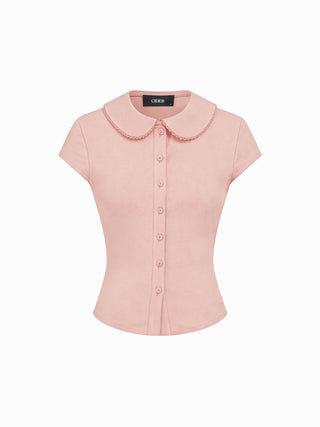 Cotton-blend Collar Lace Trim Button Front Tee