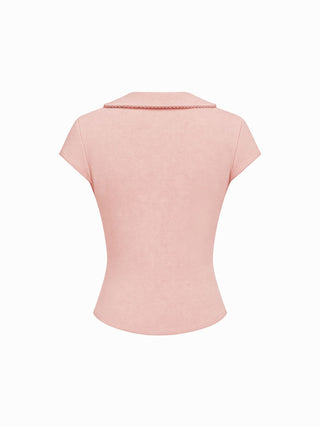 Cotton-blend Collar Lace Trim Button Front Tee