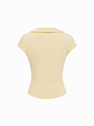 Cotton-blend Collar Lace Trim Button Front Tee