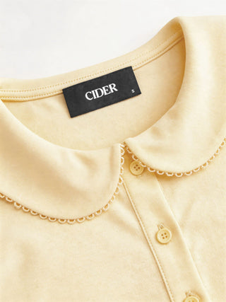 Cotton-blend Collar Lace Trim Button Front Tee