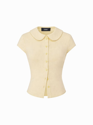 Cotton-blend Collar Lace Trim Button Front Tee