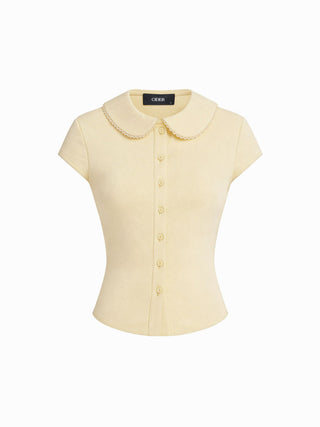 Cotton-blend Collar Lace Trim Button Front Tee