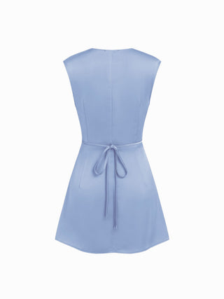 Satin V-neck Ruched Knotted Tie Back Mini Dress