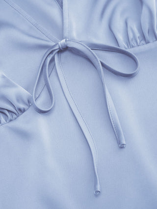 Satin V-neck Ruched Knotted Tie Back Mini Dress