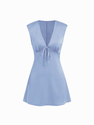 Satin V-neck Ruched Knotted Tie Back Mini Dress