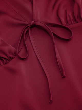 Satin V-neck Ruched Knotted Tie Back Mini Dress