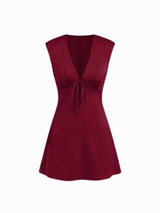 Satin V-neck Ruched Knotted Tie Back Mini Dress