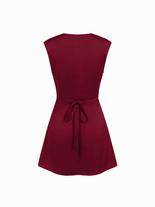 Satin V-neck Ruched Knotted Tie Back Mini Dress