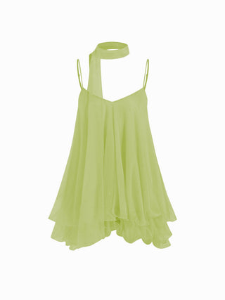 Sequin V-Neck Halter Ruffled Hem Oversized Mini Dress With Scarf