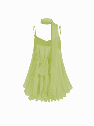 Sequin V-Neck Halter Ruffled Hem Oversized Mini Dress With Scarf