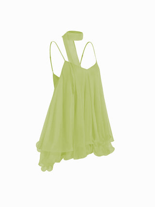 Sequin V-Neck Halter Ruffled Hem Oversized Mini Dress With Scarf