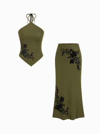 Mesh Floral Applique Halter Top & Mid Rise Maxi Skirt Set