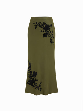 Mesh Floral Applique Halter Top & Mid Rise Maxi Skirt Set