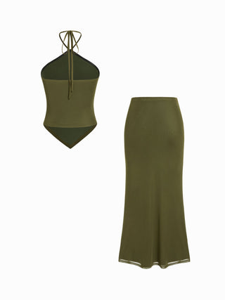 Mesh Floral Applique Halter Top & Mid Rise Maxi Skirt Set