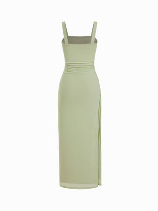 Mesh High Neckline Asymmetrical Ruched Cloak Sleeve Mermaid Maxi Dress