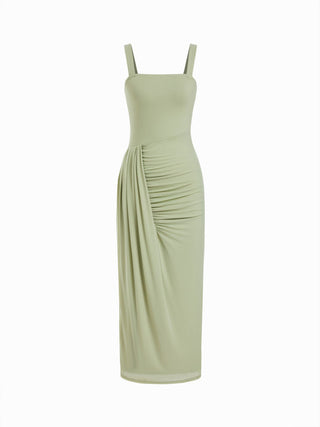 Mesh High Neckline Asymmetrical Ruched Cloak Sleeve Mermaid Maxi Dress