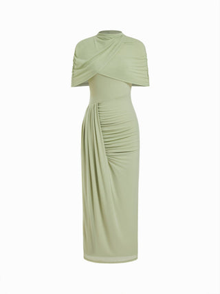 Mesh High Neckline Asymmetrical Ruched Cloak Sleeve Mermaid Maxi Dress