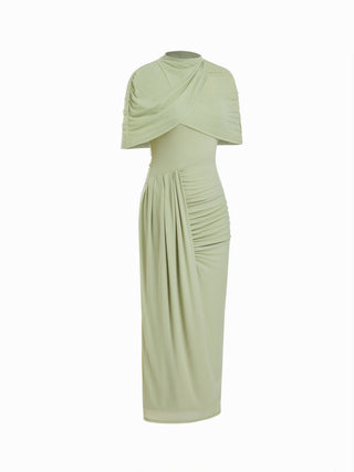 Mesh High Neckline Asymmetrical Ruched Cloak Sleeve Mermaid Maxi Dress