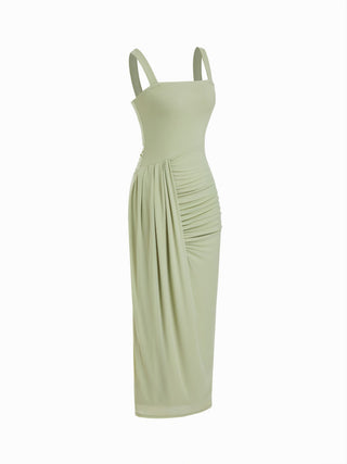 Mesh High Neckline Asymmetrical Ruched Cloak Sleeve Mermaid Maxi Dress
