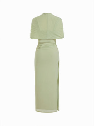 Mesh High Neckline Asymmetrical Ruched Cloak Sleeve Mermaid Maxi Dress