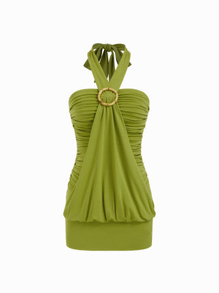 Knit Fabric Ruched Bamboo Ring Halter Neckline Mini Dress For Vacation