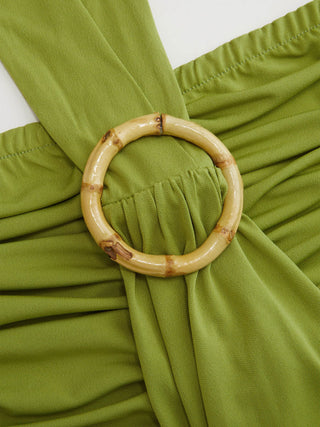 Knit Fabric Ruched Bamboo Ring Halter Neckline Mini Dress For Vacation