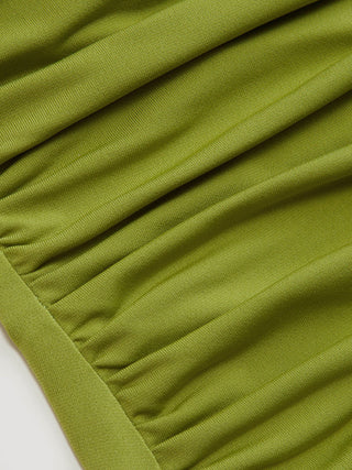 Knit Fabric Ruched Bamboo Ring Halter Neckline Mini Dress For Vacation