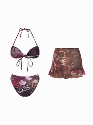 Halter Neckline Leopard & Floral Graphic Knotted Bikini Set With Ruffled Skirt