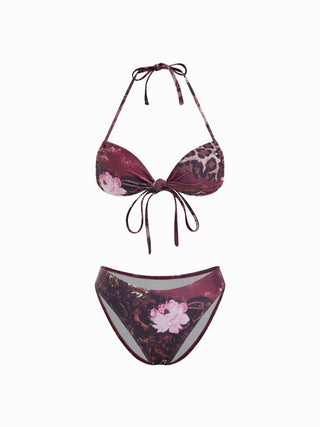 Halter Neckline Leopard & Floral Graphic Knotted Bikini Set With Ruffled Skirt
