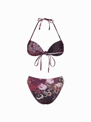 Halter Neckline Leopard & Floral Graphic Knotted Bikini Set With Ruffled Skirt