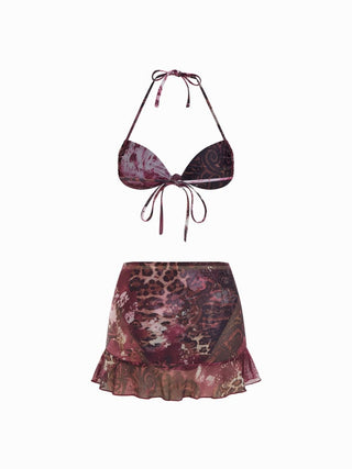 Halter Neckline Leopard & Floral Graphic Knotted Bikini Set With Ruffled Skirt