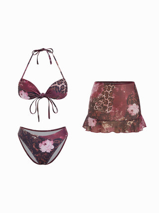 Halter Neckline Leopard & Floral Graphic Knotted Bikini Set With Ruffled Skirt
