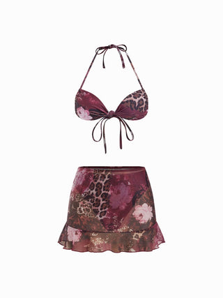 Halter Neckline Leopard & Floral Graphic Knotted Bikini Set With Ruffled Skirt