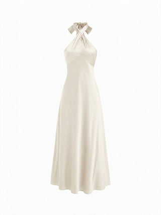 Satin Halter Neck Twist Knotted A-line Maxi Dress