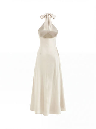 Satin Halter Neck Twist Knotted A-line Maxi Dress